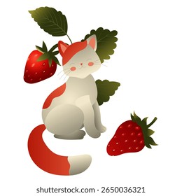 White cat with red spots and ripe strawberries. 