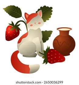 White cat with red spots, strawberry bush and clay jug with milk.