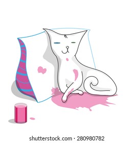 White cat relying on the pillow sitting in the pink paint puddle. Cute smiling character isolated on a white background. Vector illustration. Can be used for color presentation or as a sticker.