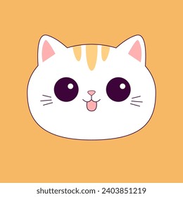 White cat round icon. Smiling face head. Cute cartoon smiling character. Kawaii pet animal. Contour doodle kitten. Pink ears, nose, tongue. Sticker print. Flat design. Yellow background. Vector