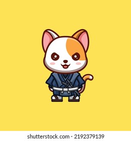 Gato blanco Samurai lindo logo creativo de mascota de caricatura kawaii