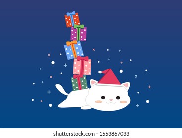 A white cat with a Santa hat, with a gift boxes on the back of the cat
