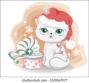 white cat in Santa hat, kitten with gift box, decorated with bow. The picture in hand drawing style, for Christmas and Happy new year greeting card.