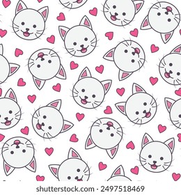 white cat seamless pattern with red heart emblem decoration and transparent background