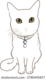 White cat seated facing forward with green eyes and a collar featuring a hanging bell.