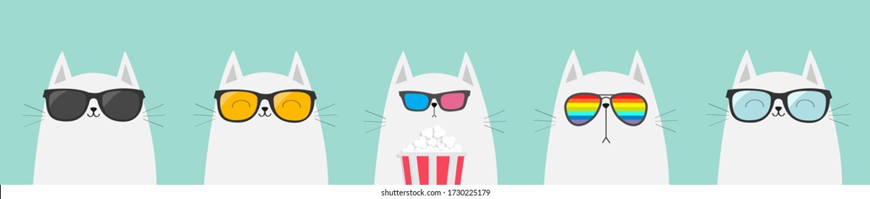 White cat set. Eating popcorn. Cinema theater. Cute cartoon funny character. Film show. Kitten watching movie in 3D glasses, sunglasses, rainbow glass. Blue background. Isolated. Flat design. Vector