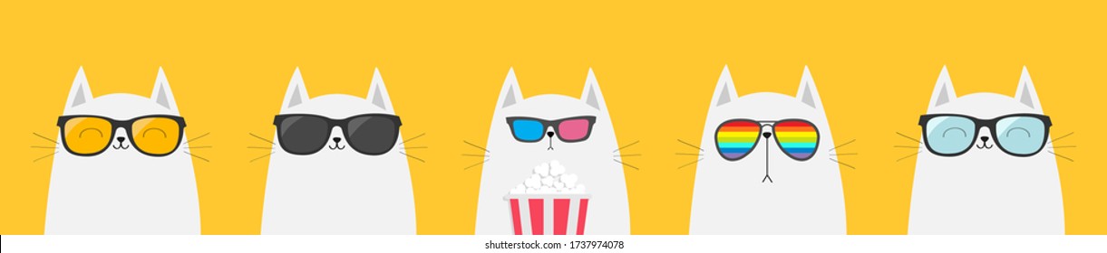 White cat set. Eating popcorn. Cinema theater. Cute cartoon funny character. Film show. Kitten watching movie in 3D glasses, sunglasses, rainbow glass. Yellow background. Isolated. Flat design Vector