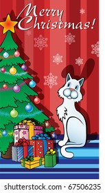 White cat, a shadow of a rabbit sitting near a Christmas tree with presents on red background wallpaper