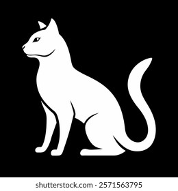 White cat silhouette isolated on black background . Side view. Vector illustration.