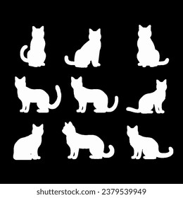White cat silhouettes on black background. Different poses sitting, standing, looking up. Simple, clear shapes of feline figures.