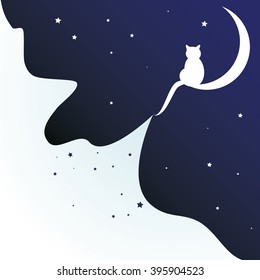 White cat sit on the moon