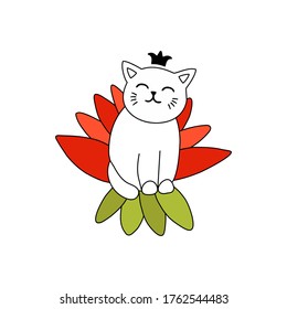 White cat sits on an exotic flower.