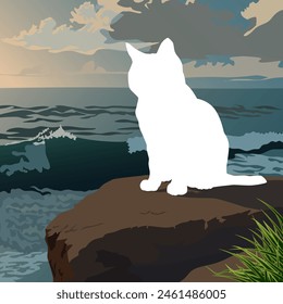 A white cat sits on a stone by the sea and looks at the sunrise in the cloudy sky. The illustration is made mainly in cold colors. The painting conveys peace, pleasure, loneliness, and sadness.