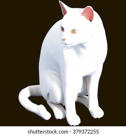 White cat sits and stares against black background. Vector illustration
