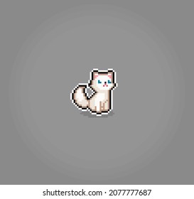 White cat is sitting in 8 bit pixel art. Animals for game assets in vector illustration.