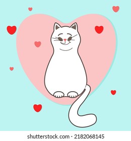 El gato blanco está sentado. Fondo azul con corazón rosa. Ilustración plana.