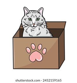 A white cat sitting in a box, an isolated vector image on a white background. Hand drawing. Suitable for stickers, prints, postcards, banners, posters, advertisements for animal shelters.