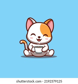 White Cat Sitting Drink Coffee Cute Creative Kawaii Cartoon Mascot Logo