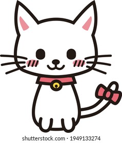 A white cat sitting facing the front with a smile