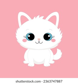 White cat sitting. Head face silhouette icon. Kitten with blue eyes. Cute cartoon funny baby character. Funny kawaii animal. Pet collection. Sticker print. Flat design. Pink background. Vector