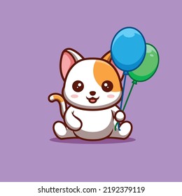 White Cat Sitting Hold Balloon Cute Creative Kawaii Cartoon Mascot Logo