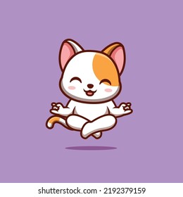 White Cat Sitting Meditation Cute Creative Kawaii Cartoon Mascot Logo
