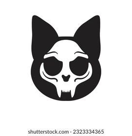 White cat Skull on dark cat head silhouette. Vector logo. Clip art. 