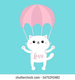 White cat skydriver. Flying with parachute. Cute cartoon kawaii funny character. Love Parachuting skydiving sport. Pet baby print collection. Happy Valentines Day. Flat design. Blue background. Vector