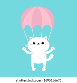 White cat skydriver. Flying with parachute. Cute cartoon kawaii funny character. Parachuting skydiving sport. Pet baby print collection. Happy Valentines Day. Flat design. Blue background. Vector