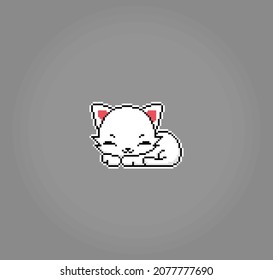 White cat is sleeping in 8 bit pixel art. Animals for game assets in vector illustration.