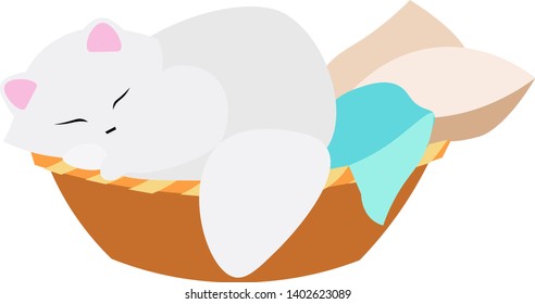 white cat sleeping in a basket