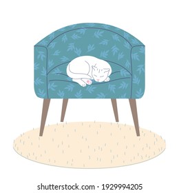 White cat sleeping in blue armchair. Cozy room interior elements – comfy arm-chair, fluffy rug on floor. Happy pet lying with closed eyes. Home comfort and tranquility. Vector flat illustration.