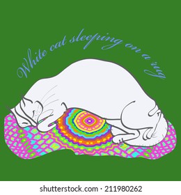 White cat sleeping on an ornamental handmade rug. Sketch from life.