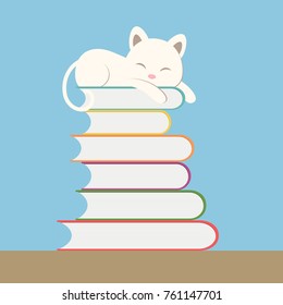 White cat sleeping on a pile of books over blue. Vector illustration