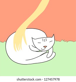 A white cat sleeping peacefully and a hand caressing it.