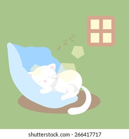 white cat sleeps or naps or rests on soft blue pillow in day light