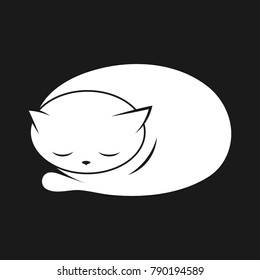 White cat sleeps on black background. Vector illustration.