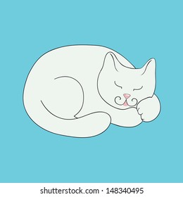 White cat sleeps on a blue background