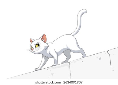 A white cat with a sly smile is walking on a slightly cracked wall. Cartoon cat illustration, vector cartoon illustration.