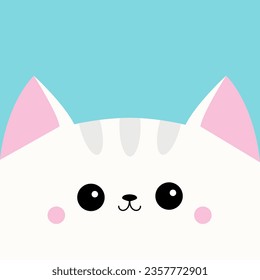 White cat smiling head face silhouette icon. Cute cartoon funny baby character. Pink cheeks. Funny kawaii doodle animal. Pet collection. Sticker print. Flat design. Blue background. Isolated. Vector