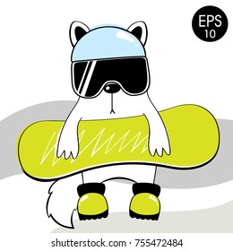 White Cat with Snowboard. Snowboarder in boots, helmet and Goggles on winter background. Vector illustration for your design