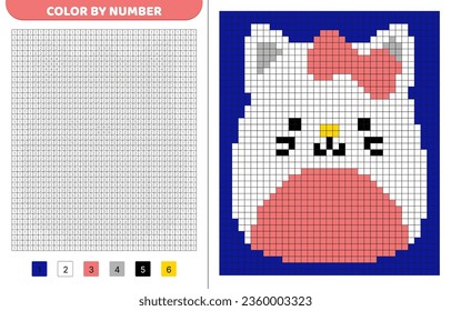 White cat squishmallow. Color by number. Pixel coloring book. Numbered squares. Game for kids. Pixel art. Isolated vector illustration eps 10