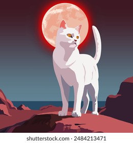A white cat is standing on a red stone against a red moon. The illustration is executed mainly in warm colours. The drawing conveys delight, surprise, and calmness.