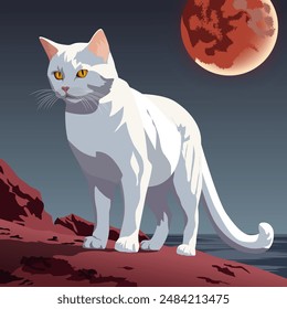 A white cat is standing on a red stone against a red moon. The illustration is executed mainly in warm colours. The drawing conveys delight, surprise, and calmness.