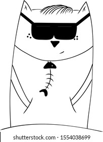 White cat stands in glasses and with a pendant in the form of a fish skeleton.