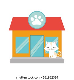 white cat stripes closed eyes pet shop facade paw print vector illustration eps 10