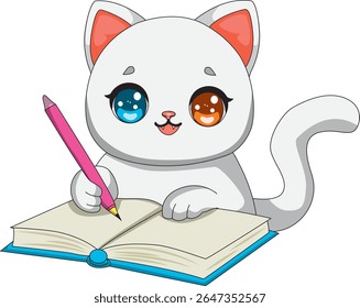 White Cat Studying With Book And Pen Vector