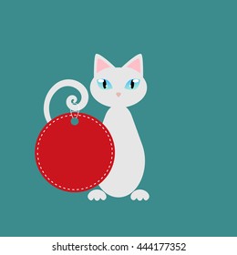 White cat with tag on a tail