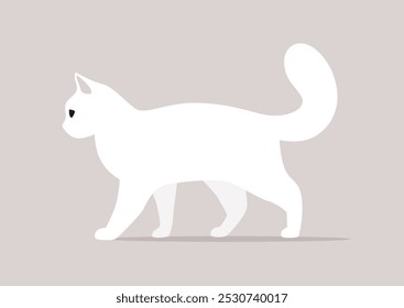 Um gato branco, com a cauda erguida, caminha com um passo confiante contra um pano de fundo pastel suave, incorporando graça e brincadeira no ambiente do meio-dia