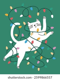 White Cat Tangled In Festive String Lights On Green Background
